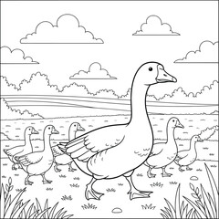 Cute cartoon ducks walking in a row in open field – black and white animal coloring page for kids and nature-themed farmyard illustrations