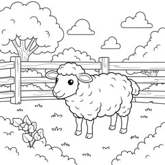 Cute sheep in fenced pasture coloring page – fluffy farm animal standing in green field with trees, wooden fence, and clouds – fun farmyard scene for kids
