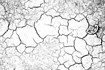 Cracked dry ground texture. Black deep cracks on a white background. Dried earth or parched soil. Bold fractured lines form an abstract pattern ideal for overlays, backgrounds, or distressed effects