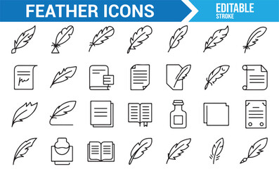 Set of Feather and Book Icons for Writing, Creativity, and Literary Works