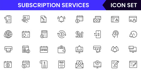 Subscription Services vector web line icon collection, sleek illustrations of plans, payments, memberships, digital access for modern, streamlined designs.