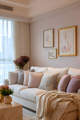 Fototapeta premium Serene Living Room with Pastel Tones and Soft Cushions Creating a Tranquil, Inviting Ambiance for Comfortable Relaxation