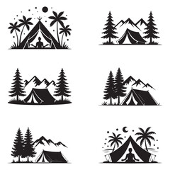 Obraz premium Minimalist Black Tent Silhouette Vector on White Background – Outdoor Camping Design for Adventure Projects with Dome, Ridge, A-Frame, and Tunnel Tent Styles. Thank You . 
