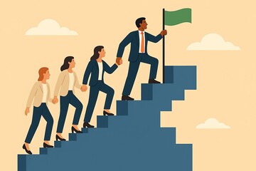 Fototapeta premium Diverse team climbing stairs together towards success and leadership holding a flag