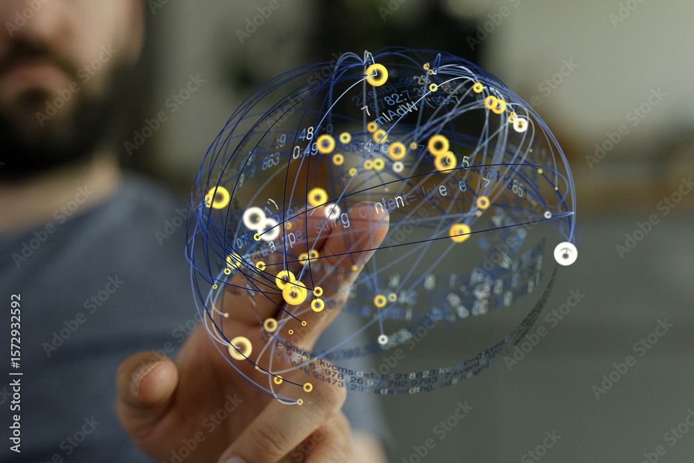 Poster abstract image of a person interacting with a holographic sphere showing global network data connect