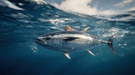 Fototapeta premium Large tuna fish swims in clear blue ocean water sunlit surface ripples above