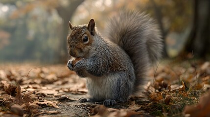 Obraz premium A grey squirrel holds a nut while sitting amongst fallen autumn leaves in a forest setting