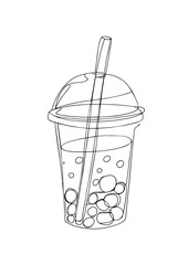 Bubble boba tea in plastic cup with straw and tapioca pearls, one continuous line art vector drawing, minimalist beverage concept