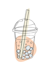Bubble boba tea in plastic cup with straw and tapioca pearls, abstract color blobs, one continuous line art vector drawing, minimalist beverage concept