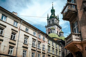 Korniakt Tower and buildings of the Old Town in Lviv Ukraine