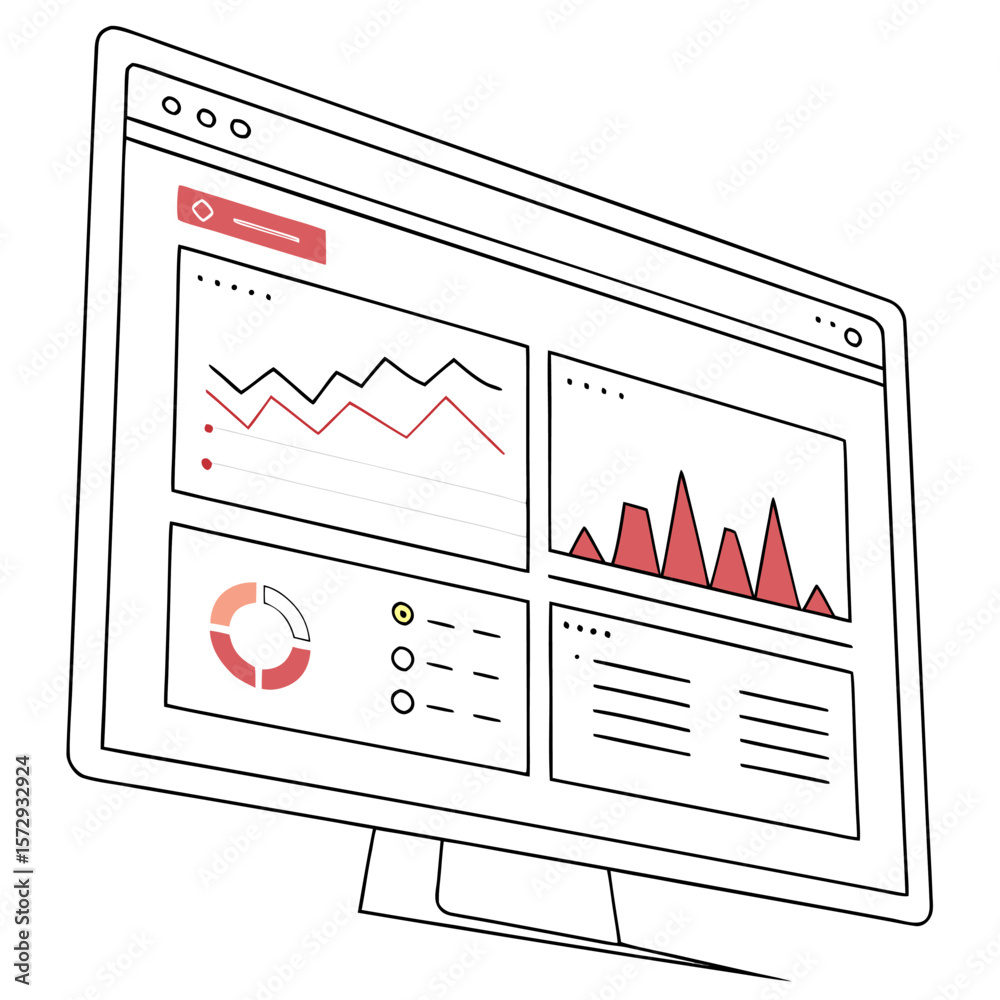 Poster illustration of a computer screen displaying various data charts and graphs in a modern design style