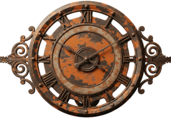 Isolated Ornate Rustic Clock with Roman Numerals and Weathered Texture