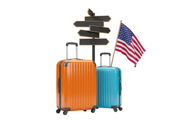 Isolated Travel Adventure with Suitcases, Direction Sign, and American Flag