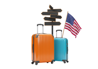 Isolated Travel Adventure with Suitcases, Direction Sign, and American Flag