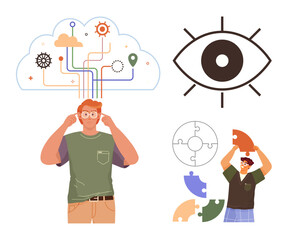 Person exploring creative ideas with connected lines, gears, and cloud, large eye symbolizing vision, puzzle solving in dynamic action. Ideal for creativity, problem-solving, innovation