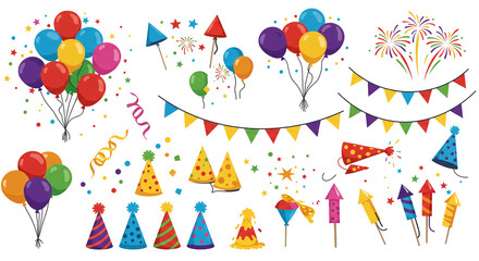 Celebration party elements vector illustration with balloons confetti fireworks and party hats