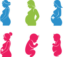 Silhouette icons of pregnant women and babies in various stages of development.