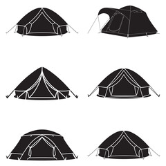 Minimalist Black Tent Silhouette Vector on White Background – Outdoor Camping Design for Adventure Projects with Dome, Ridge, A-Frame, and Tunnel Tent Styles. Thank You . 