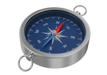Isolated Classic Compass with Blue Face and Silver Casing for Navigation