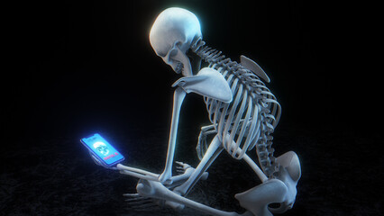A skeleton in a sitting pose holding a mobile smart phone.