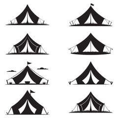 Minimalist Black Tent Silhouette Vector on White Background – Outdoor Camping Design for Adventure Projects with Dome, Ridge, A-Frame, and Tunnel Tent Styles. Thank You . 