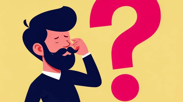 Cartoon illustration of a confused man with beard touching his head beside a bold red question mark on yellow background.
