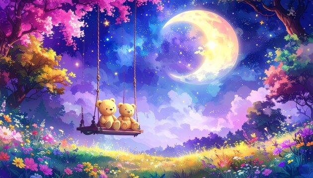 満月の輝く夜空の下、ピンク色の花咲く木に吊るされたブランコに座る二匹の愛らしいテディベア、周囲には色とりどりの花が咲き乱れ、穏やかな月光が照らす幻想的な夜の風景、子供の頃の夢のような暖かさと安らぎを感じさせる心温まる光景。
