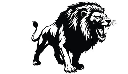 Roaring Lion Silhouette in Black and White on White Background