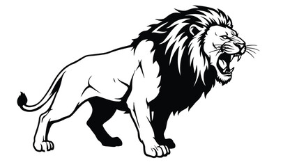 Roaring Lion Silhouette in Black and White on White Background
