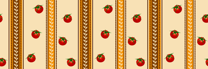 Seamless pattern red tomatoes and yellow, brown ornate decorative stripes on beige color background perfect for your wallpapers, textiles, or food themed design projects