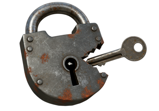 Isolated Broken Padlock with Key Symbolizing Security Breach and Vulnerability