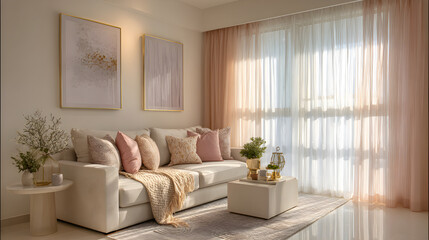Fototapeta premium Serene Living Room with Pastel Tones and Soft Cushions Creating a Tranquil, Inviting Ambiance for Comfortable Relaxation