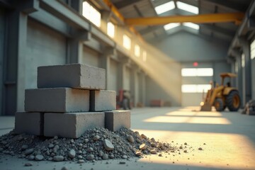 Sunlit Industrial Construction Site Stacked Concrete Blocks Resting on Aggregate in a Spacious Warehouse with Blurred Heavy Machinery in the Background