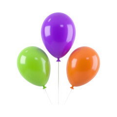 Three colorful balloons green purple and orange isolated on transparent background