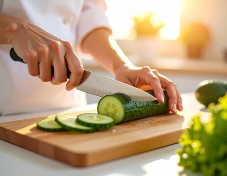 Dynamic action shot of a chef's knife perfectly slicing a cucumber, showcasing the interior seeds and moist flesh. Golden hour lighting, extreme detail, 8K resolution, shallow depth of field, food cin