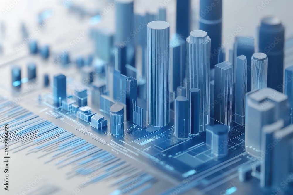 Poster big data visualized in blue graph form showcasing cityscape and analytics technology, big data in bl