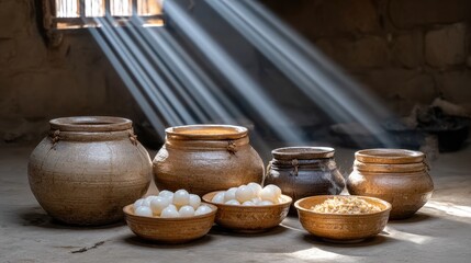 Warm sunlight beams through a window, enhancing the glowing smoke from cooking pots and bowls of rice cakes in a rustic kitchen