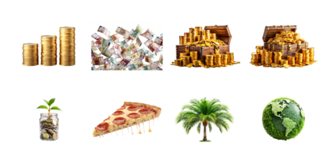 An assortment of financial symbols, a pizza slice, a palm tree, and a green earth globe represent diverse concepts isolated on transparent background