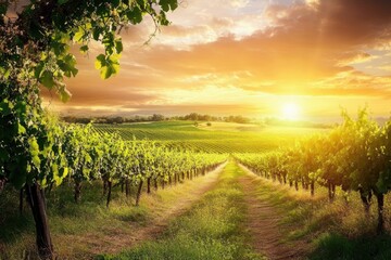 Naklejka premium Vineyards at sunset in South Australia showcasing beautiful landscapes and a tranquil evening, South Australia vineyards Beautiful australian countryside