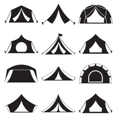 Minimalist Black Tent Silhouette Vector on White Background – Outdoor Camping Design for Adventure Projects with Dome, Ridge, A-Frame, and Tunnel Tent Styles. Thank You . 
