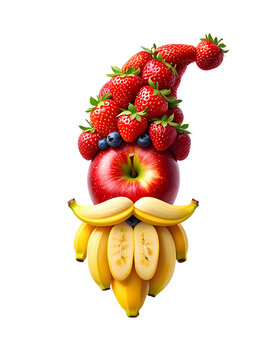 A whimsical fruit character composition featuring a red apple as a face strawberries forming a festive hat blueberries as eyes and yellow banana slices creating a playful