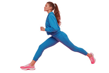 Full body young sporty fitness trainer woman wear blue tracksuit spend time in home gym tilt body to sides with hand stretch lunge exercise isolated on plain pink background. Workout sport concept.