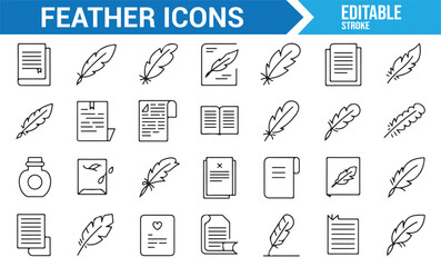 Set of Feather and Writing Instruments Icons for Creative Writing and Literature