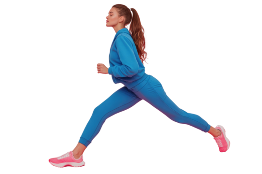 Full body young sporty fitness trainer woman wear blue tracksuit spend time in home gym tilt body to sides with hand stretch lunge exercise isolated on plain pink background. Workout sport concept.