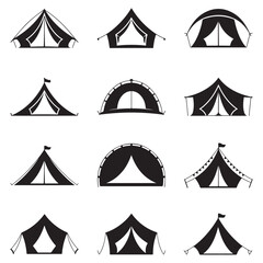 Minimalist Black Tent Silhouette Vector on White Background – Outdoor Camping Design for Adventure Projects with Dome, Ridge, A-Frame, and Tunnel Tent Styles. Thank You . 