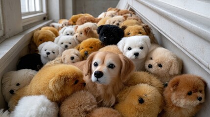 Miniature goldendoodle plush toys line a staircase, their varied colors and poses creating a delightful and enchanting display