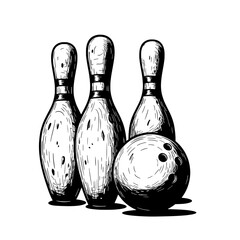 Bowling Set Illustration: A detailed monochrome illustration of a bowling set, featuring three pins standing tall alongside a bowling ball, ready for a strike.