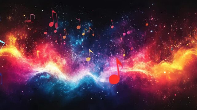 Musical notes floating through a vibrant cosmic nebula with colorful energy waves. Music, art, creativity, universe. Ideal for festival visuals and creative project intros.