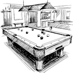 Pool Hall Sketch: A detailed pen sketch captures the inviting ambiance of a pool hall, showcasing the pool table, balls, cues, and lighting fixtures, with an emphasis on the game.