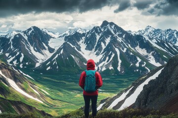 A hiker gazes at a majestic mountain range.